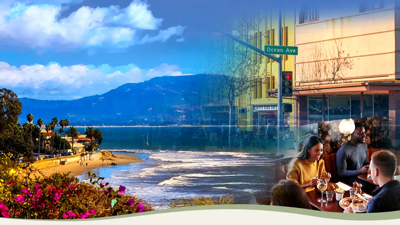 Sunny California coastal dining scene with palm trees and golden light