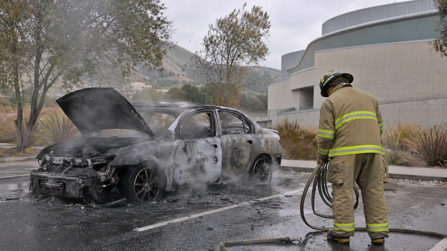Car bursts in flames in front of PAC at Cal Poly