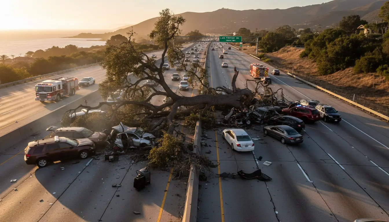 Downed tree causes multi-vehicle crash on northbound Highway 101 south of Las Positas